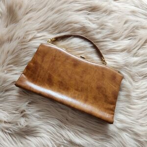 Vintage Andé Brown Leather Clutch‎ Handbag with Gold Hardware